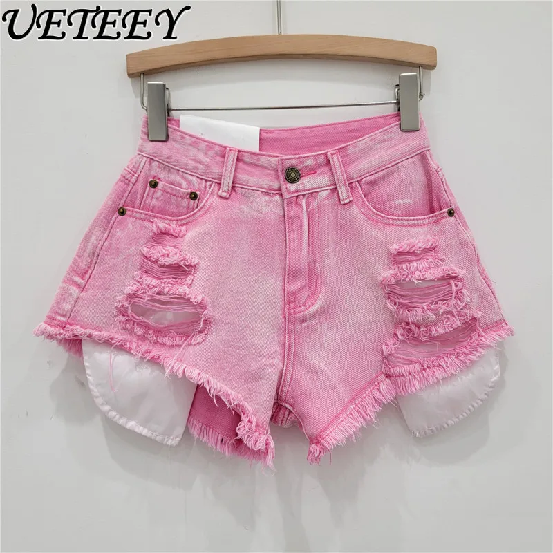 

American Blue Denim Shorts Summer New High Waist Ripped Wide Leg Short Pant Sexy Ripped A- Line Shorts Lady Hot Pants Outer Wear