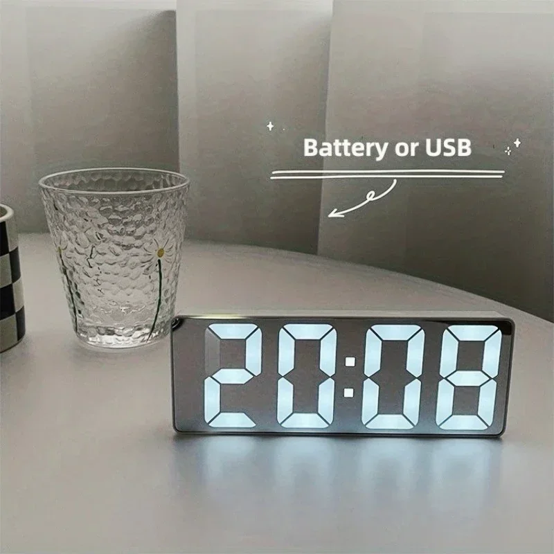 Mirror Digital Alarm Clock LED Clock Temperature Calendar Display Supply Adjustable Brightness Desk Decorations Electronics Home 2