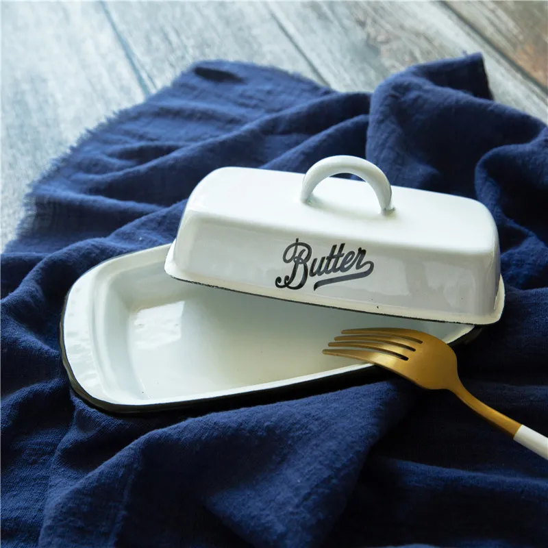 Butter Storage Box Retro Nostalgic Enamel with Lid Snack Tray Home Kitchen Tableware Butter Box Cheese Storage Plate Dish