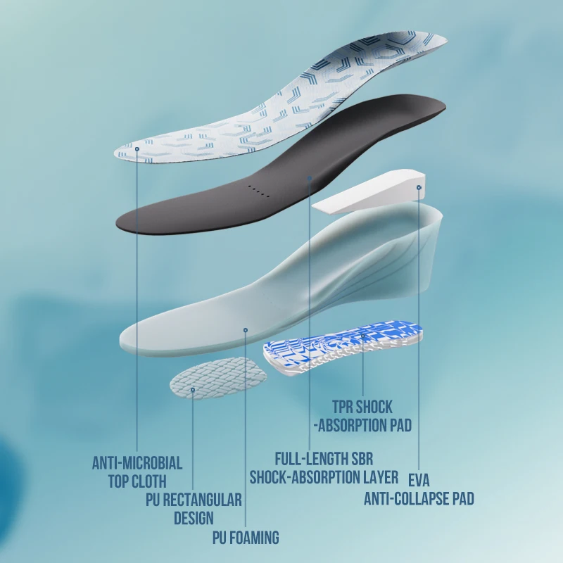 Palmilhas de aumento de altura para homens e mulheres, suporte invisível do arco, absorção de choque, cor azul, preta, ortopédic