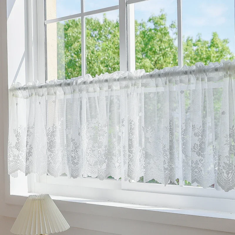 Tulle Window Drape Modern Lace Jacquard Window Curtain Valance Lace Hem Coffee Short Curtain for Cabinet Door Bedroom Home Decor