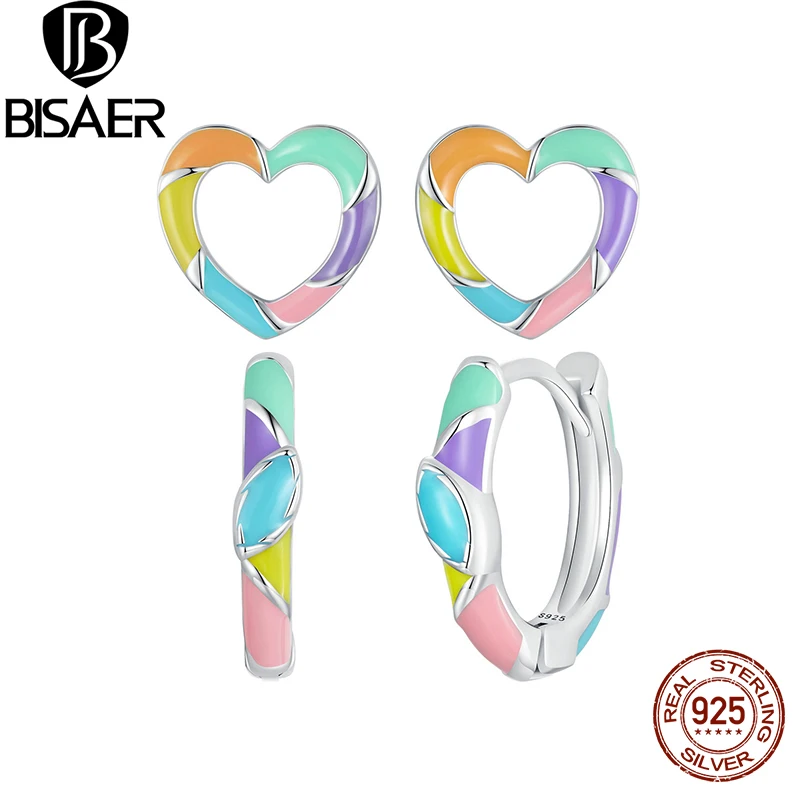 

BISAER 925 Sterling Silver Rainbow Heart Stud Earrings Dopamine Love Hoop Earring Plated White Gold For Woman Party Fine Jewelry