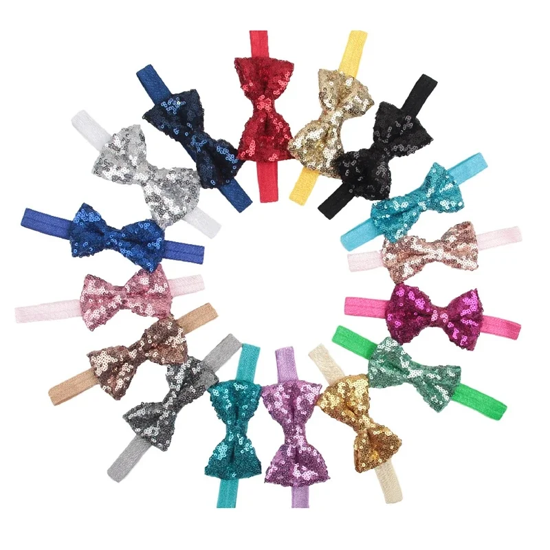 

Повязка на голову с бантом и блестками для девочек, однотонная эластичная лента для волос с бантом, 8 шт./лот, 9 см, детский головной убор, подарок на день рождения