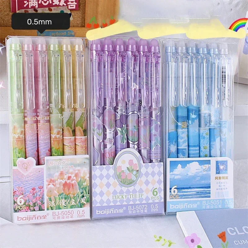 

1/6pcs Erasable Gel Pens Romantic Flowers Blue Black Ink Signature Pens with Erasers 0.5mm Cute Pens Writing Tools Office School