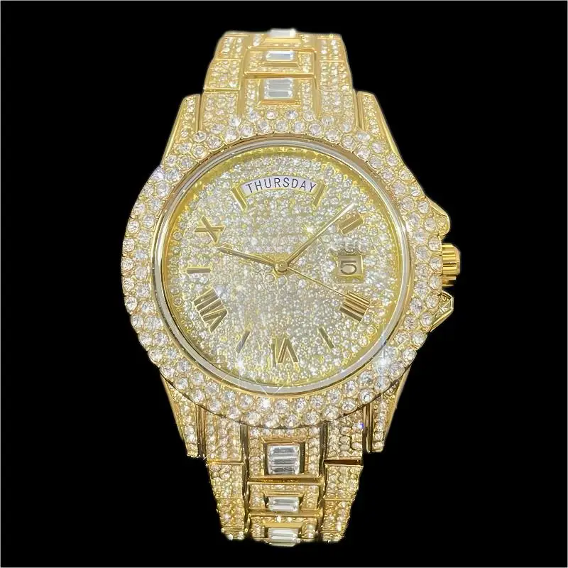 MISSFOX Guldklocka för män Mode Hip Hop Iced Diamond Automatisk kalendervecka Vattentät Quartz Armbandsur Man Reloj_voghion.com