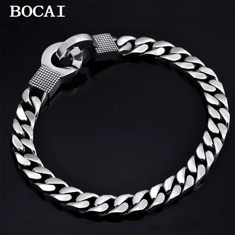 

BOCAI New S925 Sterling Silver Vintage Personalized Trendy Glossy Cuban Bracelet Men's and Women's Gift