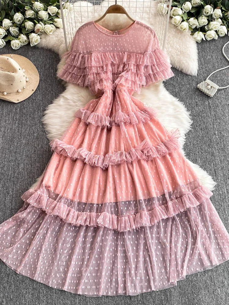 Ele Cake Skirt Dr Women's Autumn Winter High Waist Slimming round Ne Long Net Gown Korean Sle Bellsve Midi Dr