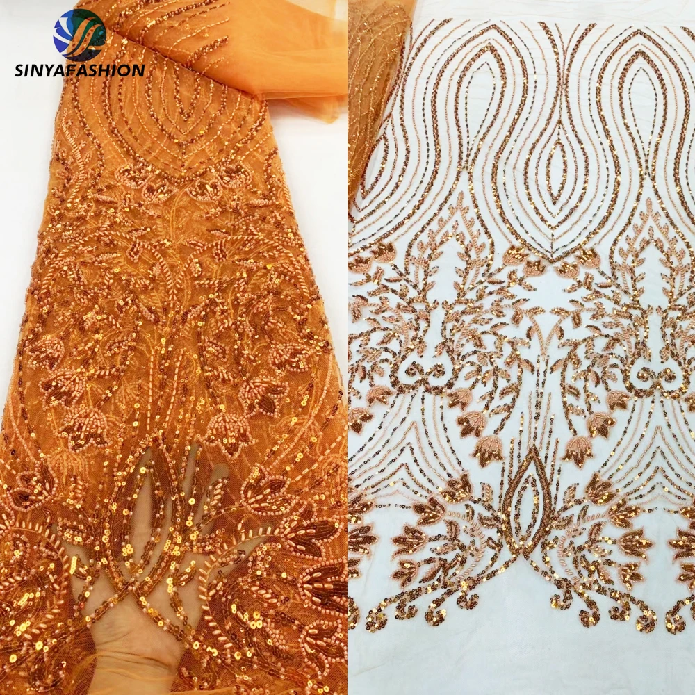 

Sinya African Sequins Beads Lace Fabric Nigerian French Net Tulle High Quality Embroidery Luxury Beaded Orange Wedding Lace