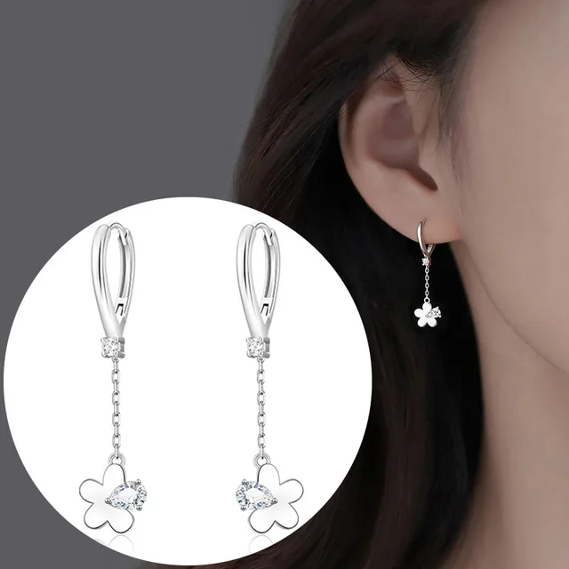 VOQ Silver Color Korean Elegant and Lovely Tassel Zircon Flower Earrings for Female Girls Fashion Jewelry Luxury Earrings