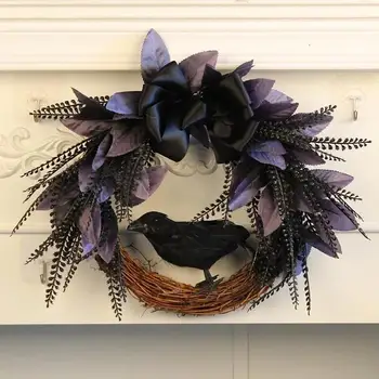New Halloween Bow Crow Wreath Door Hanging Horror Party Decoration Artificial Vine Simulation Wreath Pendant Home Decoration