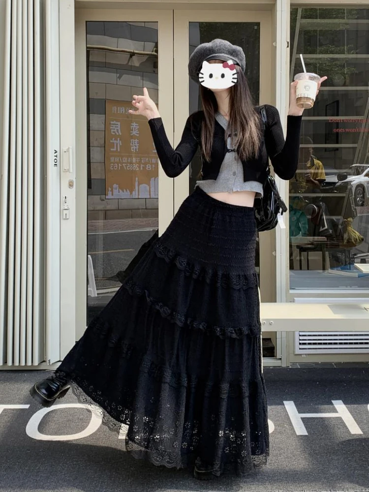 Long Skirts Women Chic Hollow Out Lace French Style High Waist