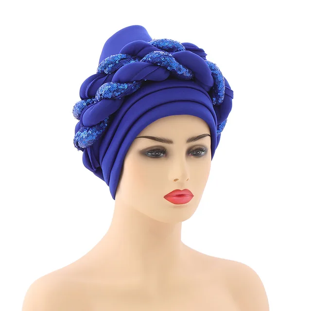 Turbans for Women Pleated Beanie Headwrap African Hat Arab Wrap Muslim Scarf Hijabs Hair Aso Oke Auto Gele Readymade to Wear Cap 012