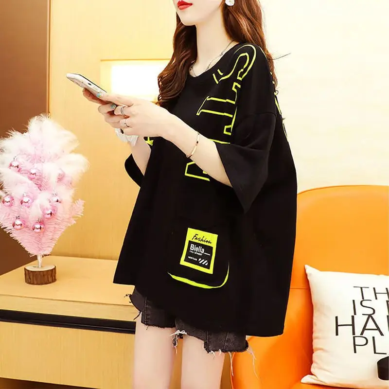2023 Summer New Letter Printing Hoodies Women Fashion Loose Falling Shoulder Sleeve Drawstring Pullovers Ladies Pocket Tees