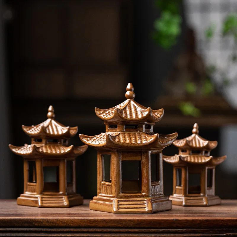 Micro Landscape Ceramic Pavilion, Hexagonal Pavilion Decoration, Fish Tank, Gardening Flower Pot, Desktop Creative Chinese Style