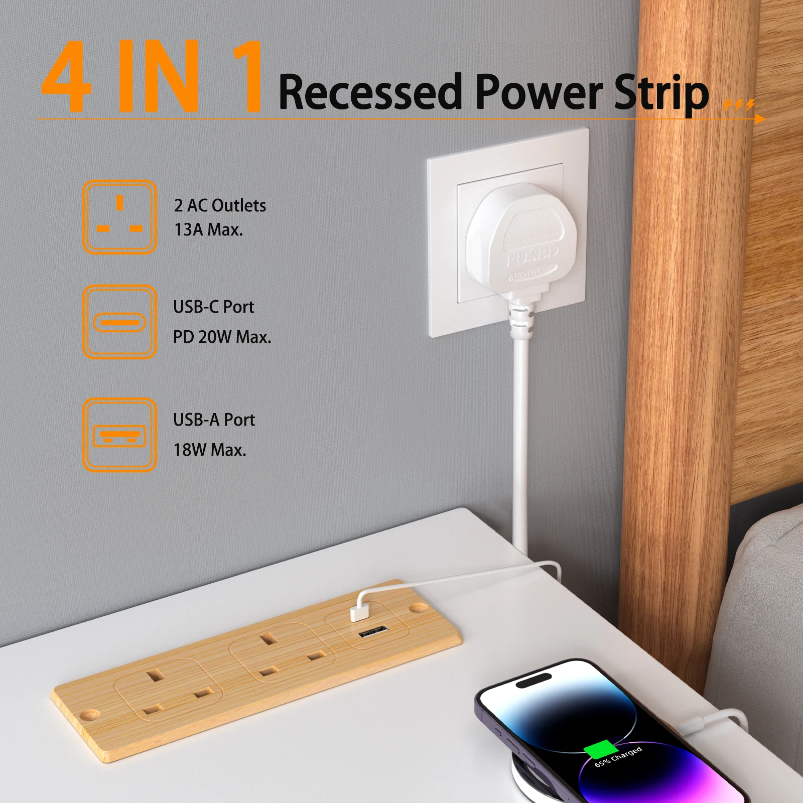 UK Plug Recessed Socket with USB-C Fast Charging and 2m Extension Cable - Enhanced Safety Features
