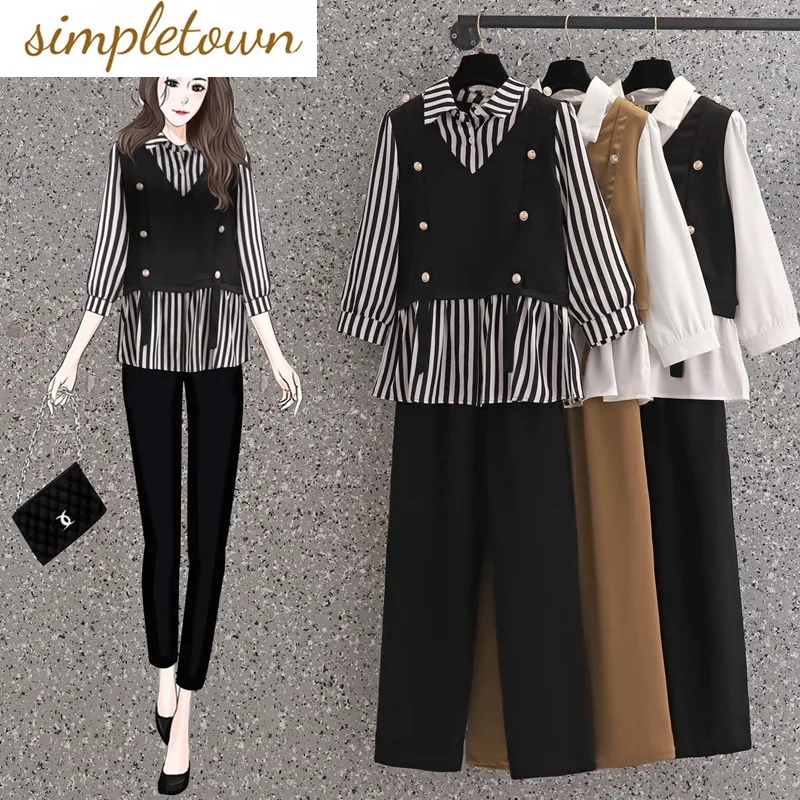 Button Decoration Striped Patchwork Chiffon Shirt Casual Wide Leg Pants Two-piece Elegant Women's Pants Set Office Outfits