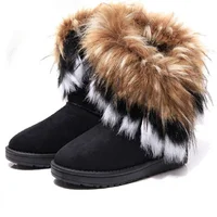 Hot Sale Of The Season New Women's Mid-Calf Fox Fur Snow Boots Winter Rubber Sole round Toe Ankle Covering Pure Color Booties Ch