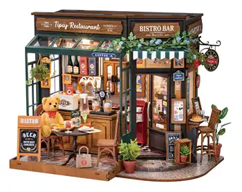 Robotime Rolife Tipsy Restaurant Miniature Dollhouse 3D Wooden Puzzle Bistro Bar Design Gifts for Family Home Decoration Toys 1