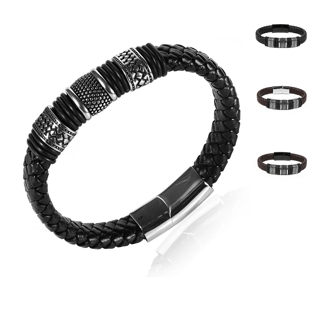  Luxury Classic Style Stainless Steel Mens Leather Bracelet  Hand-Woven Magnetic Clasp Black Simple Jewelry Gifts Customization :  Clothing, Shoes & Jewelry