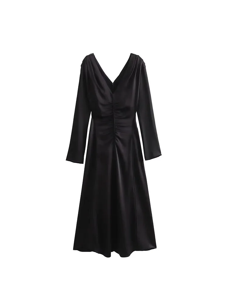 

ZADATA new women's casual and versatile solid color V-neck long-sleeved pleated elegant simple dress with zipper