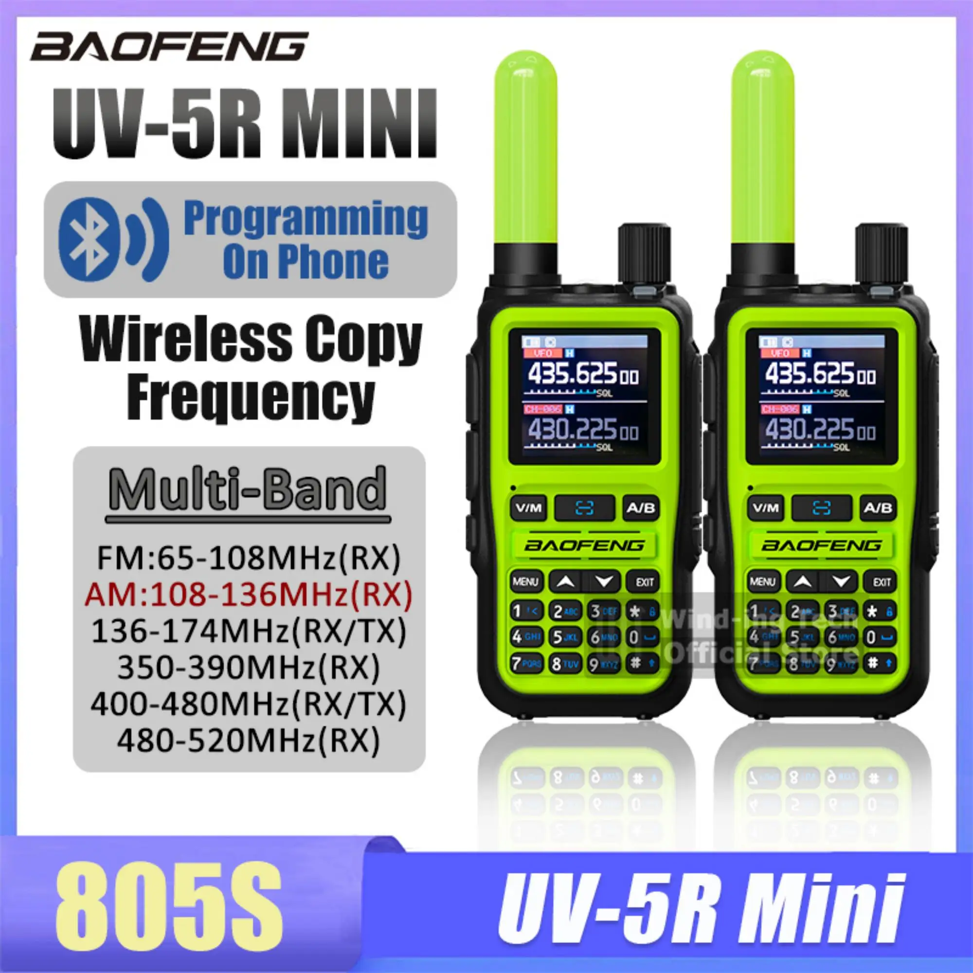 Baofeng UV-5R 미니 워키 토키 AM/FM UHF VHF 블루투스 프로그래밍 듀얼 PPT Type-c 충전 캠핑 사냥용 경량