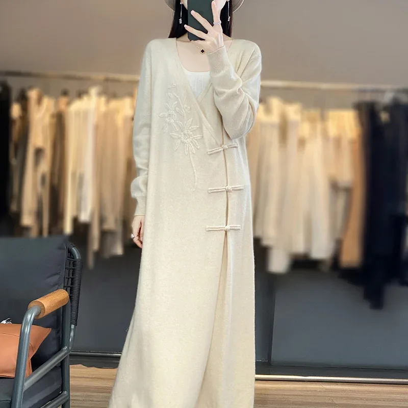 Women's Long Cashmere Sweater V-Neck Knit Cardigan Loose Fit Coat with Wool Skirt Embroidery Lazy Wind Casual Elegant Style