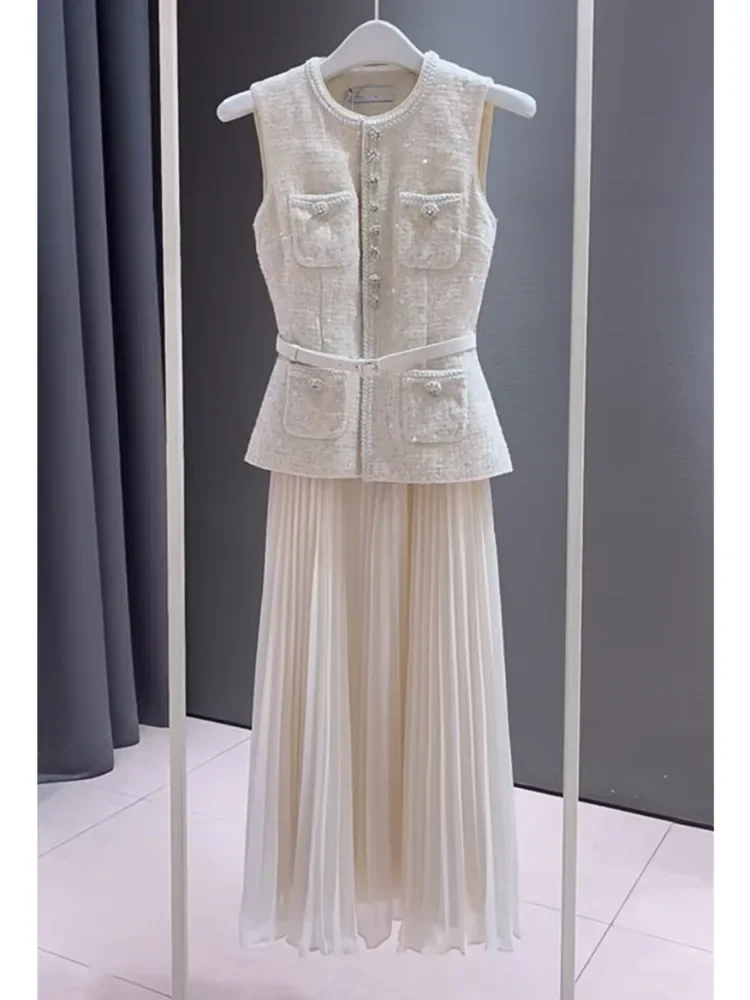 Round Collar Sleeveless Single Breasted Coats High Waist Gauze Skirt 2 Pieces Sets For Women 2024 new Summer New TH7327