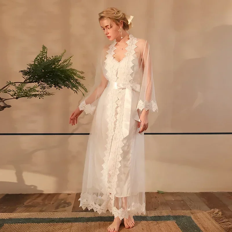 Summer Mesh Lace Night Dress Transparent Sunscreen Cover Up Sheer Sensual Cardigan Robes Nightwear Women Long Sleeve Pajamas