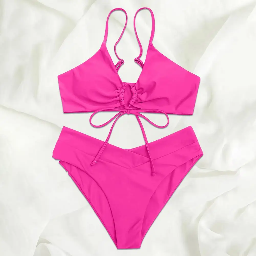 

2Pcs/Set Women Sexy Bikini Set Sling Padded Lace-up Bra High Waist Briefs Set Solid Color Split Design Swimwear