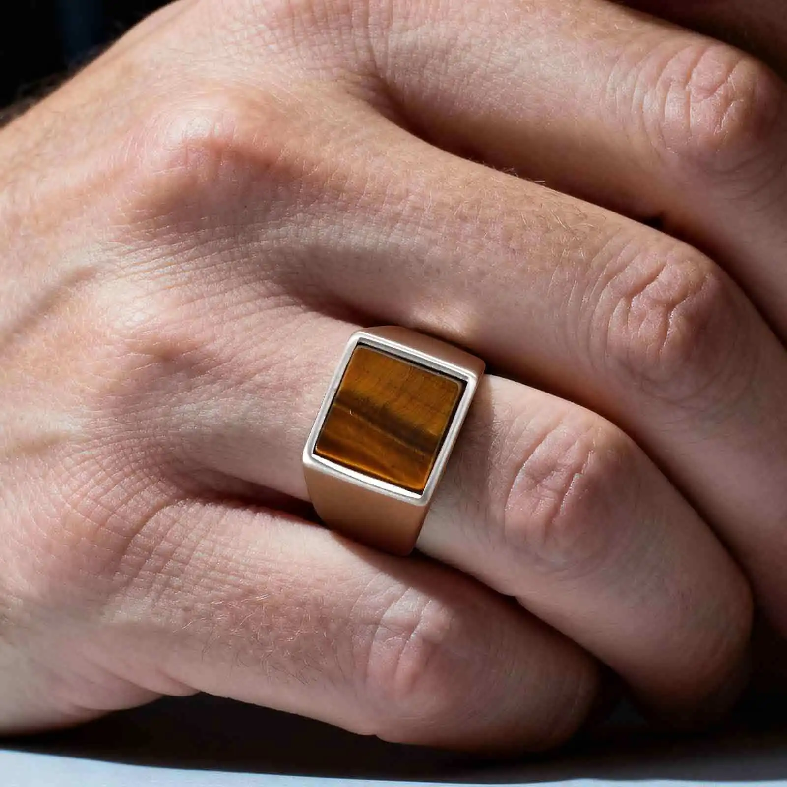 Classic Men's Ring,Natural Tiger Eye Stone Stainless Steel Ring,Waterproof Square Thumb Ring,Party Vintage Jewelry Gift