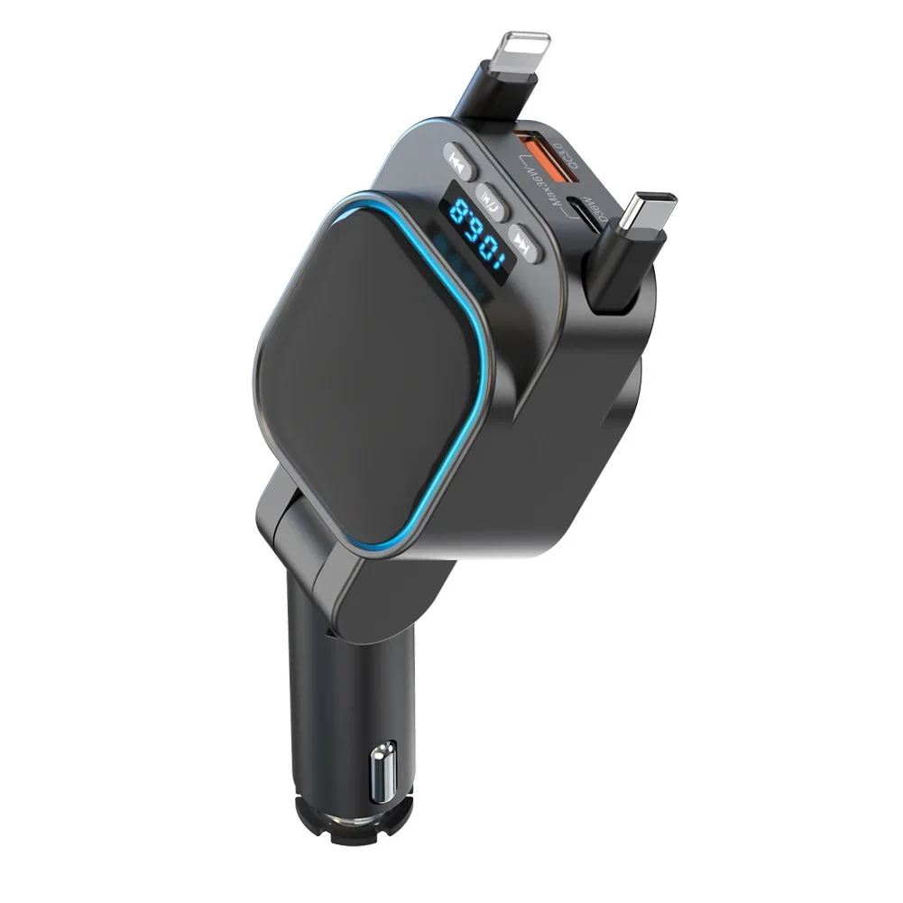 Cigarette lighter type car bluetooth MP3 player lossless sound quality double telescopic cable car charger charging automatic