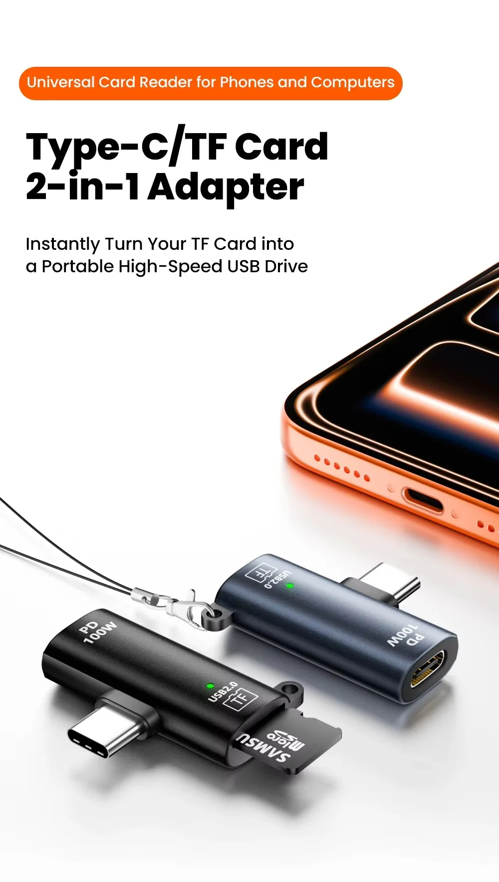 High-Speed TF Card to Type-C Reader with 100W Power Delivery and 2TB Support