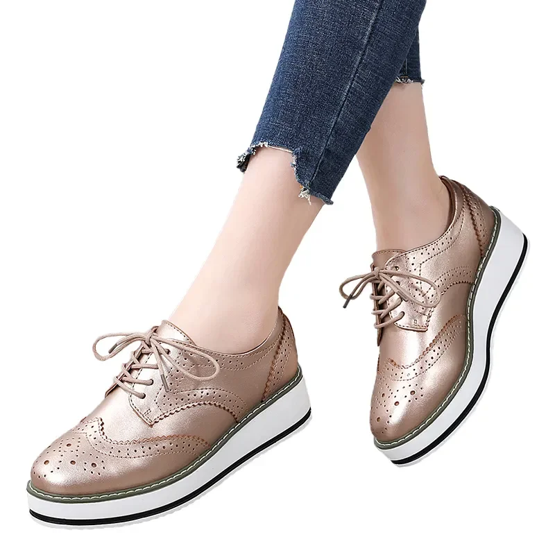

Spring Autumn Women Derby Platform Gold Flats Brogue Leather Lace up Classic Bullock Footwear Female Oxford Shoes Lady