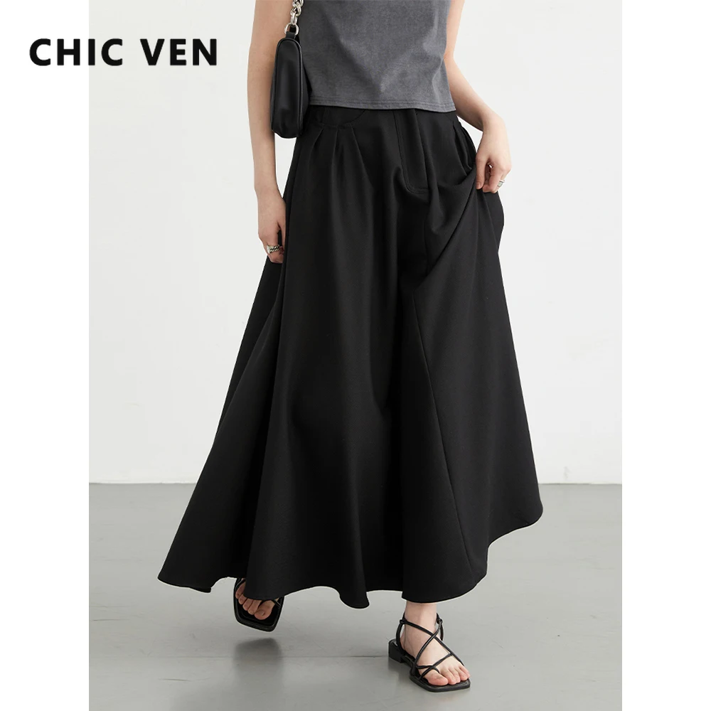 Chic Ven Donne Coreane Gonne Solido Sciolto Nuovo A Vita Alta Pieghettato Femminile A-Line Gonna Lunga Abbigliamento Moda Primavera Estate 2024