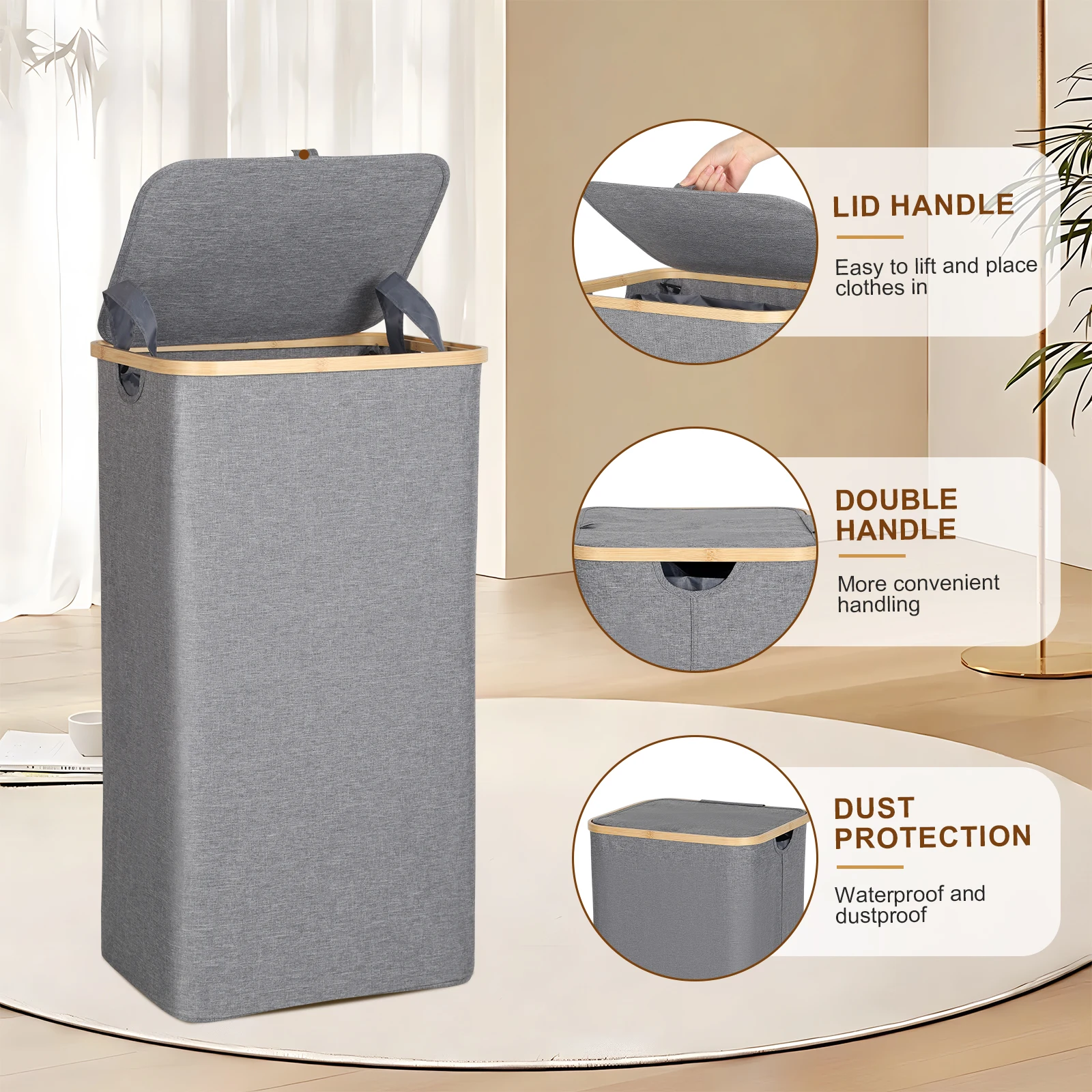 Laundry Basket With Lid, 105 L, Foldable 600D Oxford Fabric With Removable Laundry Bag, Bamboo Laundry Box, Laundry Sorter 6
