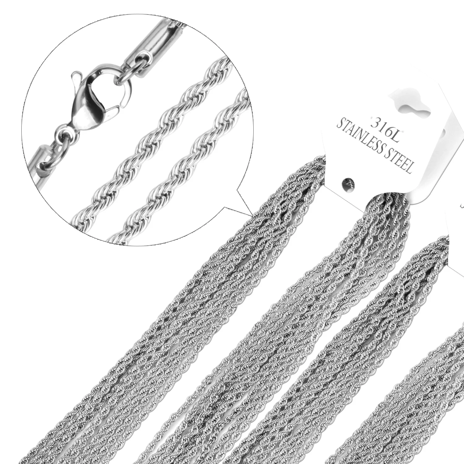 Stainless Steel Twist Rope Chain Necklaces 2mm No Fade DIY Pendants Accessories 10pcs/Lot