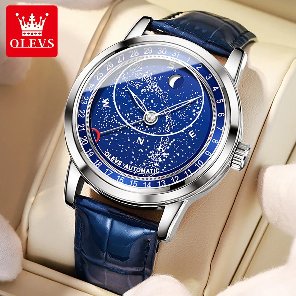 OLEVS 2024 New Men Automatic Watch Leather Strap Men Fashion Starry Sky Blue Mechanical Watch Luminous Waterproof Reloj Hombre