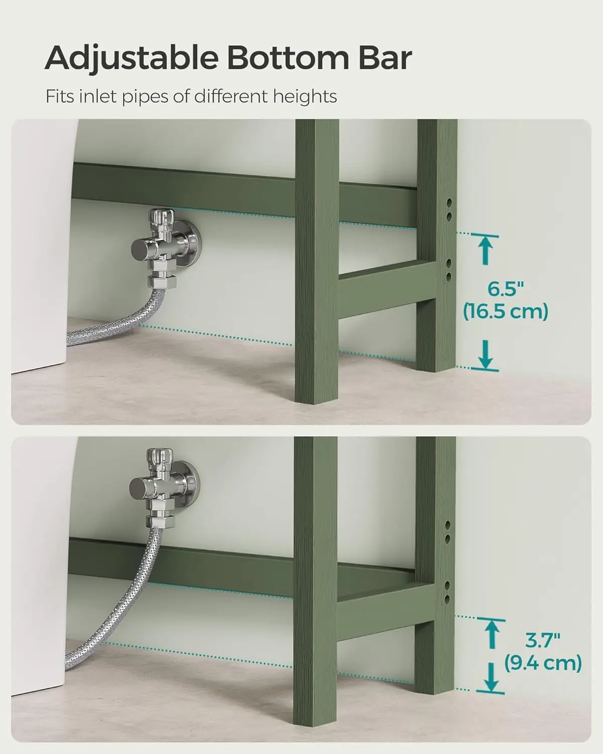 Over Toilet Storage. 3-Tier Organizer. 10.2"x24.8"x66.9". Adjustable Shelf. Space-Saving. Forest Green. UBTS001C01.