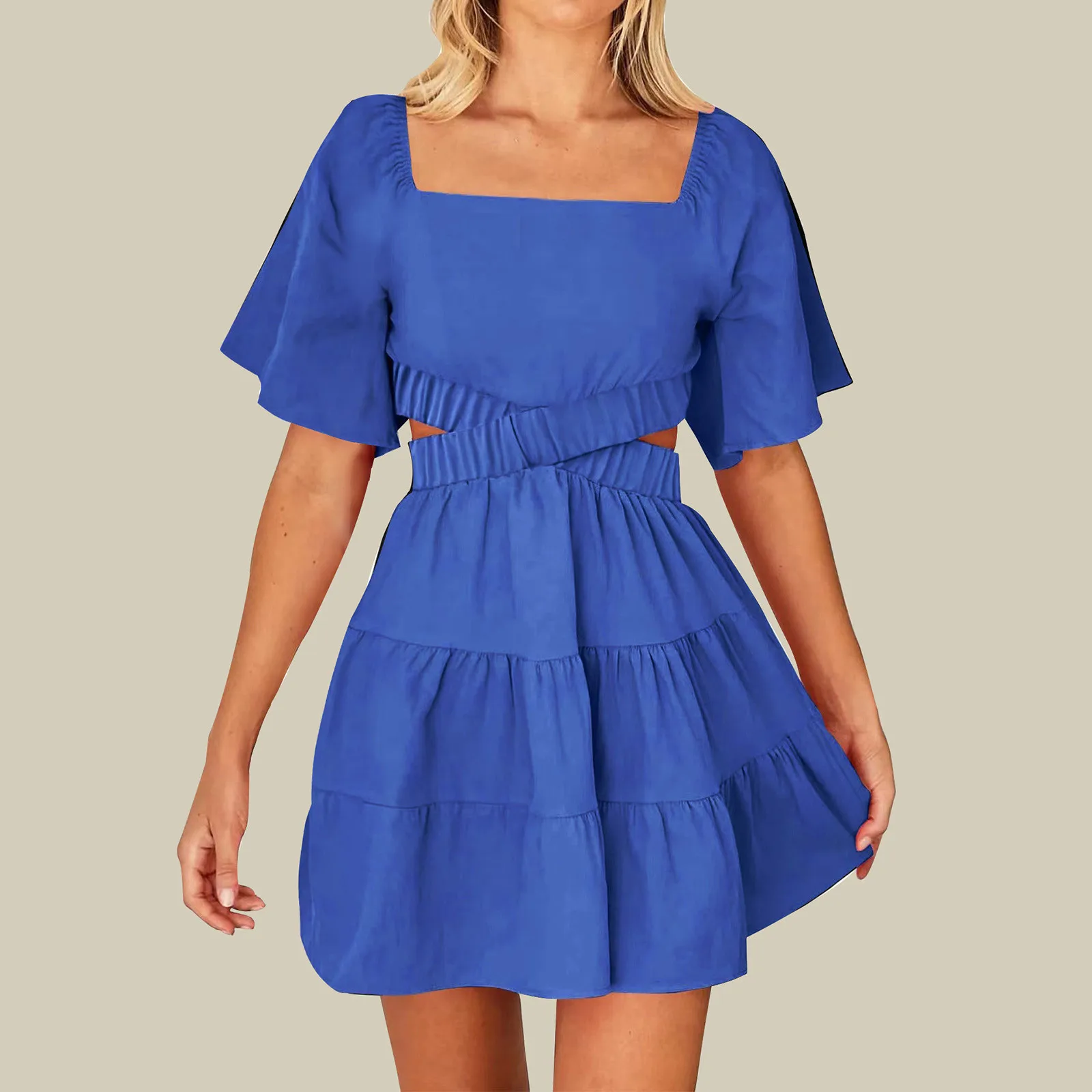 

Women Cut Out High Waist Open Back Half Sleeve Big Swing Ruffle Hem Smock Dress 2023 Summer Female Street Casual Dresses