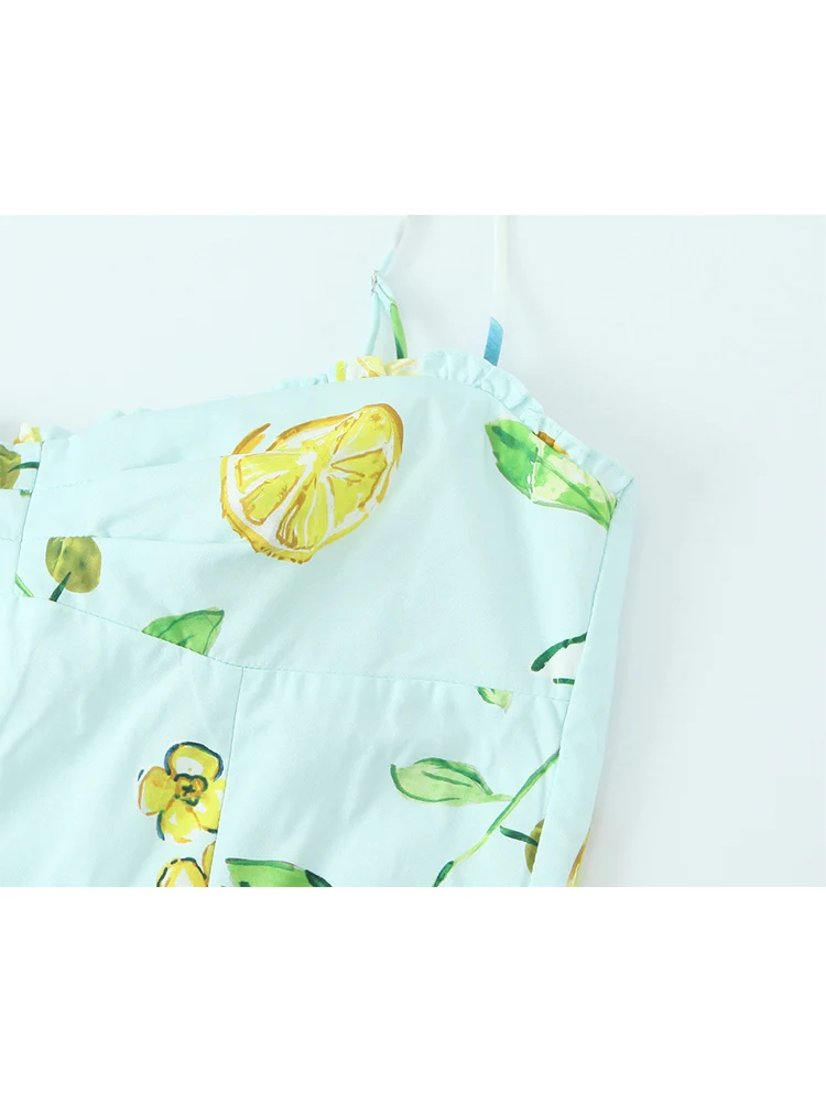 TFMLN 2025 Summer Women's Lemon Print Sling Dress Chic Backless Bow Lace Up A Line Long Dress Lady Fashion Holiday Style