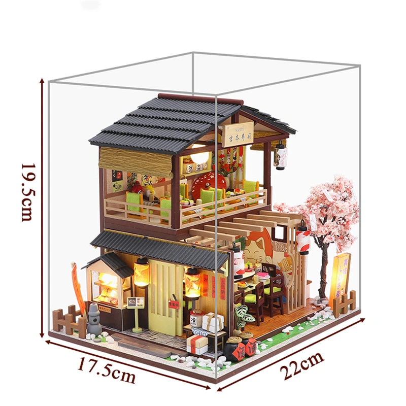 DIY Wooden Miniature Model Kit Japanese Sushi Store Casa Doll Houses 3D Puzzle Dollhouse With Furniture Lights for Friends Gifts 6