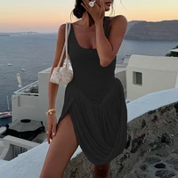 OMSJ 2026 Irregular Hem Design Party Holiday Mini Chic Dresses For Women Solid Color U Neck Straps Draped Casual Sexy Tank Dress - Image 2