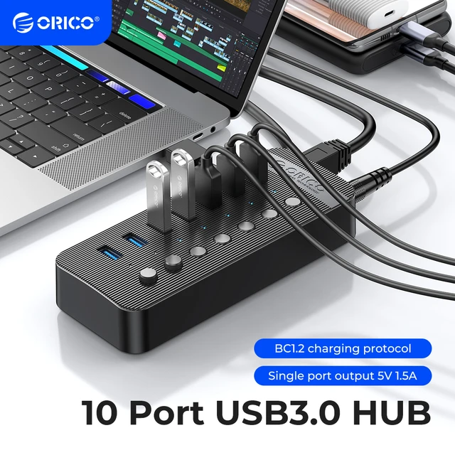 USB Hub 3.0 Splitter,7 Port USB Data Hub with Individual On/Off Switches  and Lights for Laptop, PC, Computer, Mobile HDD, Flash Drive and More