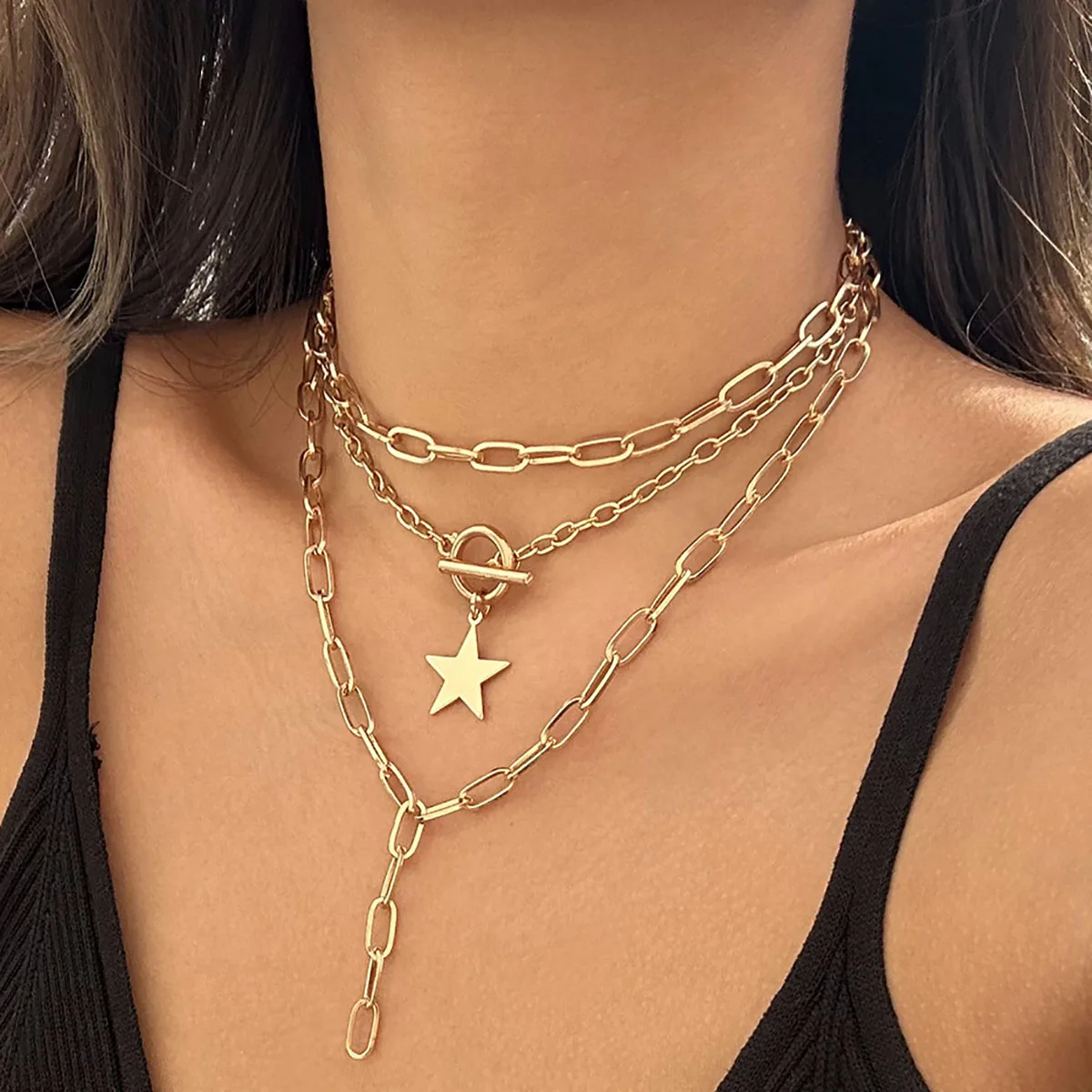 

Boho Pentagram Pendant Collar Necklace Women 2023 Multi layer Gold Color Metal Hollow Cross Chain Charming Girls Fashion Jewelry