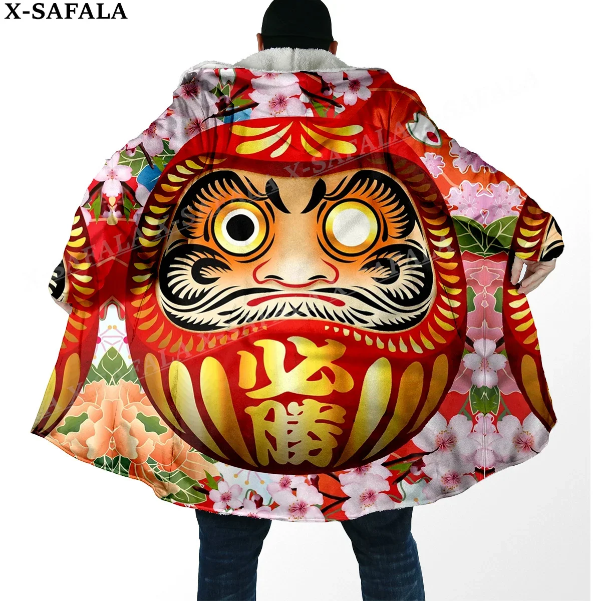 

Daruma Japanese Anime Manga Print Thick Warm Hooded Cloak Men Overcoat Coat Windproof Fleece Cape Robe Hooded Blanket-1