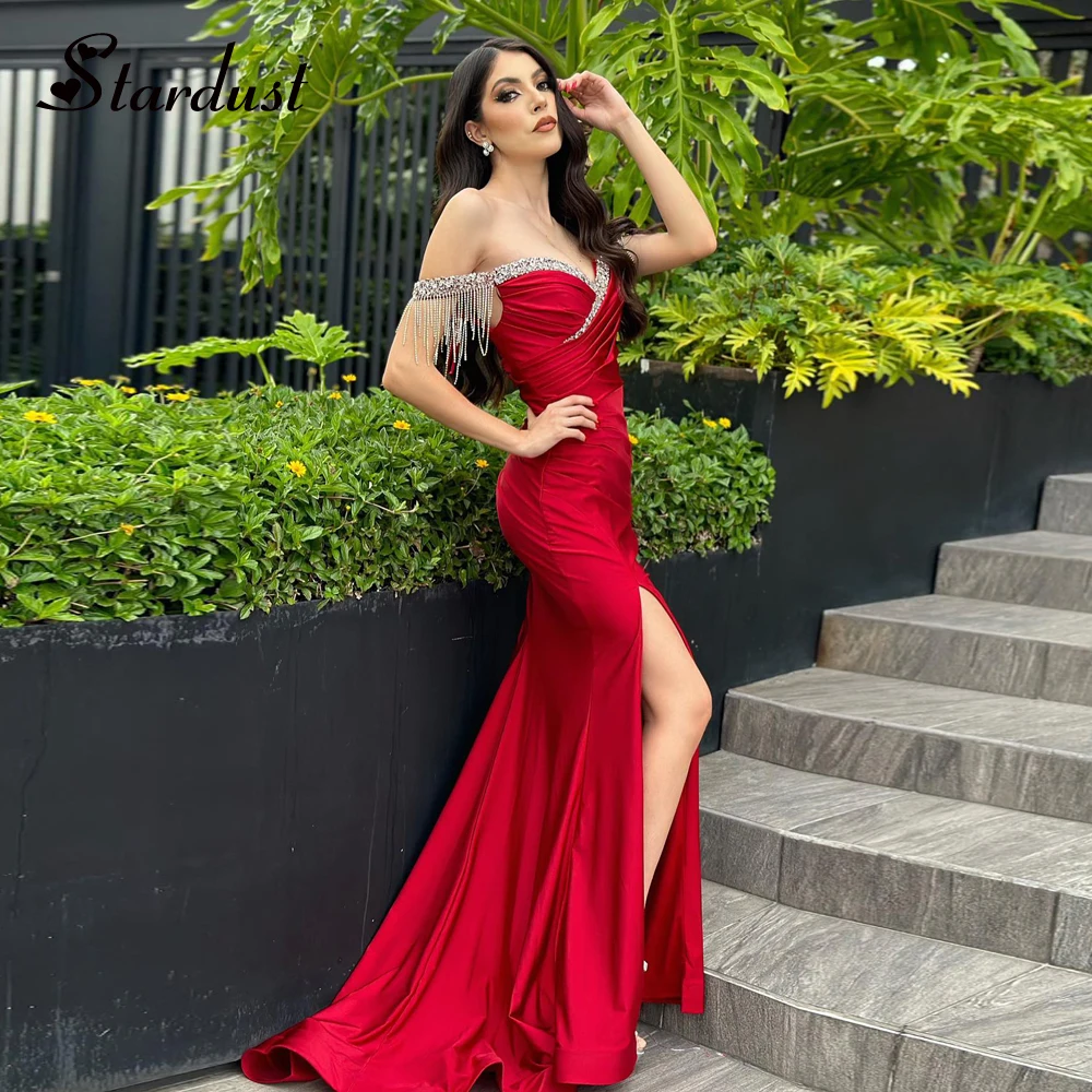 Stardust Stylish Off Shoulder Tassels Celebrity Dresses with Slit Saudi Arabric Prom Gown Vestidos De Festa Plus Customized womens dress