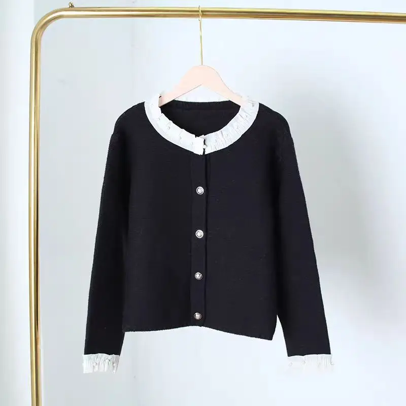 thumbnail image 1 of Suéter Sandros de primavera y otoño con cuello de perla y volantes plisados para mujer, cárdigan francés, cárdigan informal de moda para mujer 2024 nuevo, 1 of 4