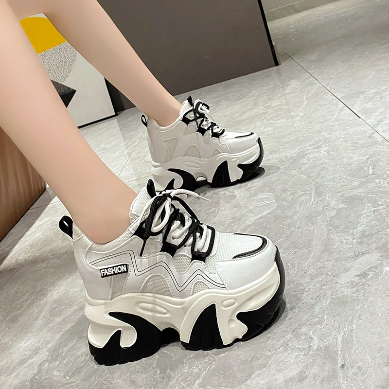 

Women Platform Casual Leather Shoes 2023 New Autumn Lace-up Chunky Sneakers 11CM Wedge Hidden Heels Sport Leisure Dad Shoe Woman