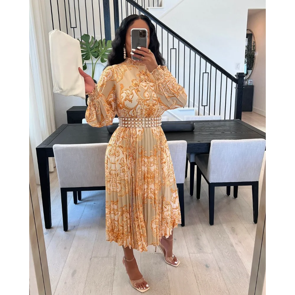 

Women's Chiffon Half Turtleneck Dress, Pearl Belt Print, Pleated Lantern Sleeve, Elegant Fashion