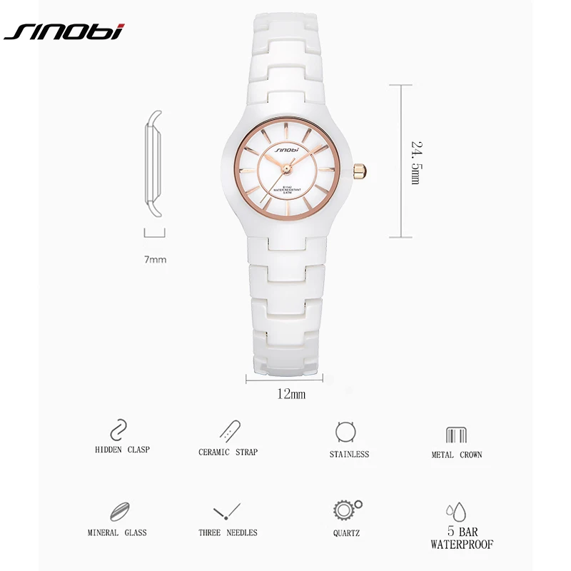 SINOBI Fashin White Ceramic Strap Woman Watches New Top Luxury Stainless S Ladies Quartz Wristwatches High Quality Women's Clock 5